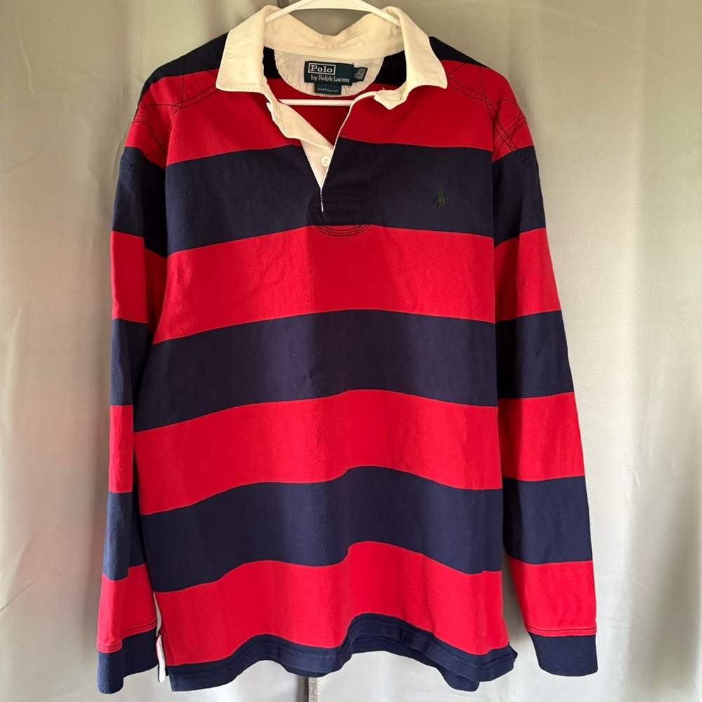 Ralph Lauren Men's Red and Blue Striped Rugby Shirt